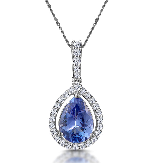 Tanzanite and Lab Diamond Halo Pear Drop Asteria Necklace in 9KW Gold